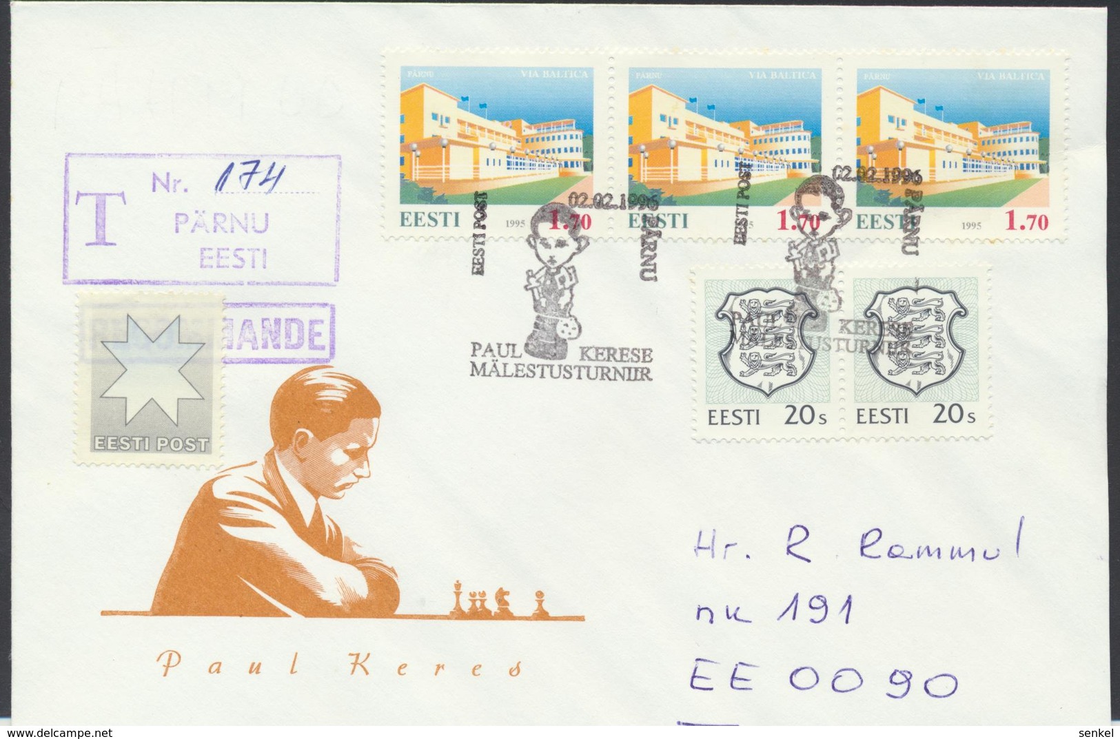 57-866 Estonia Pärnu Chess Keres Tournament 02.02.1996 Recommande From Post Arrival Postmark - Estonia