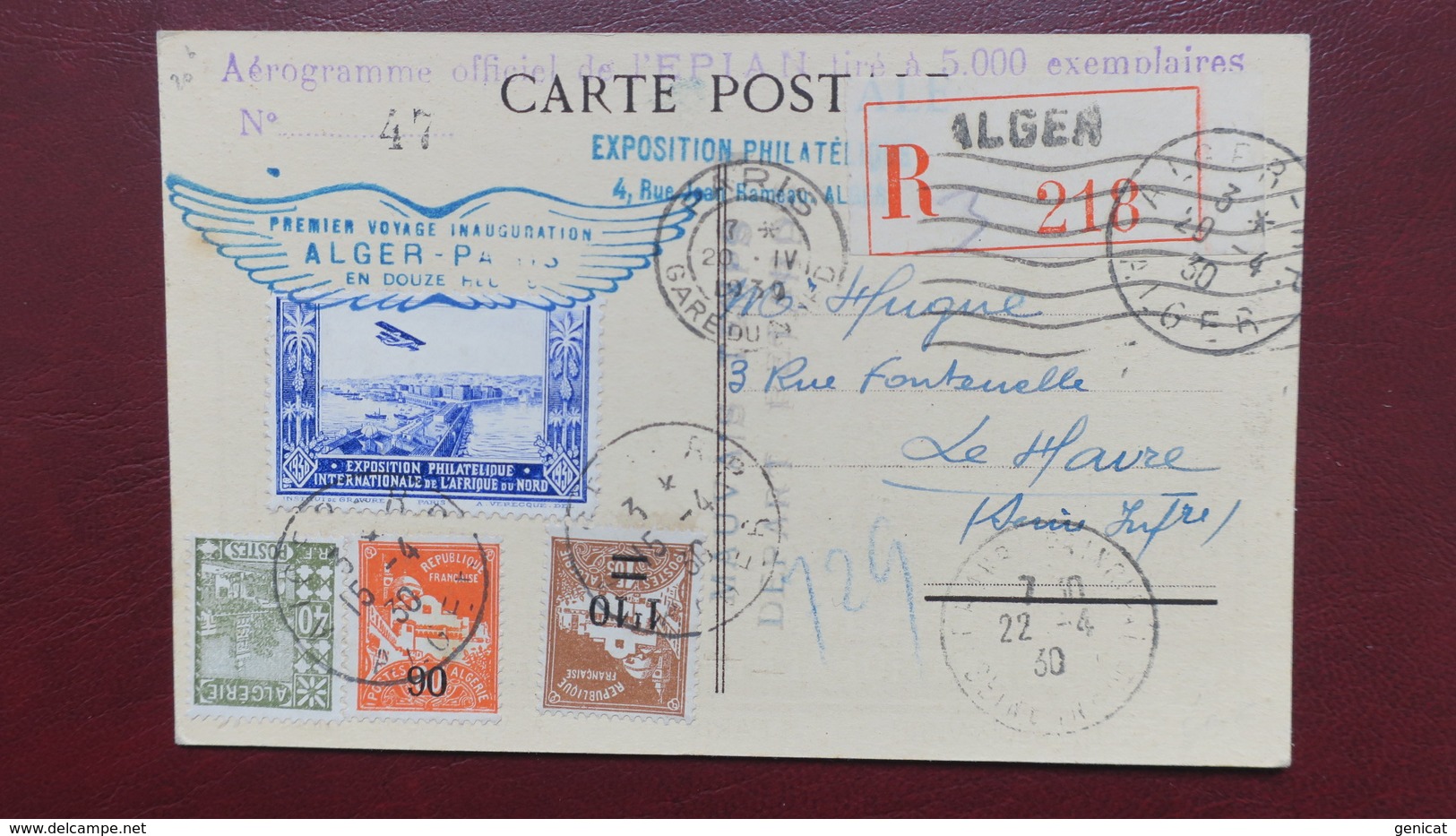 Algerie Carte Expo Aerogramme Officiel De L'EPLAN N° 47 Pour Le Havre Griffe "Mauvais Temps Départ Reporté" - Covers & Documents