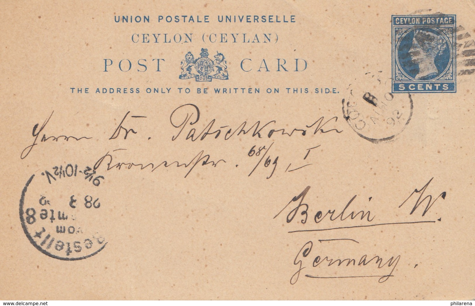 Ceylon: 1892: Post Card To Berlin  - Sri Lanka (Ceylan) (1948-...)