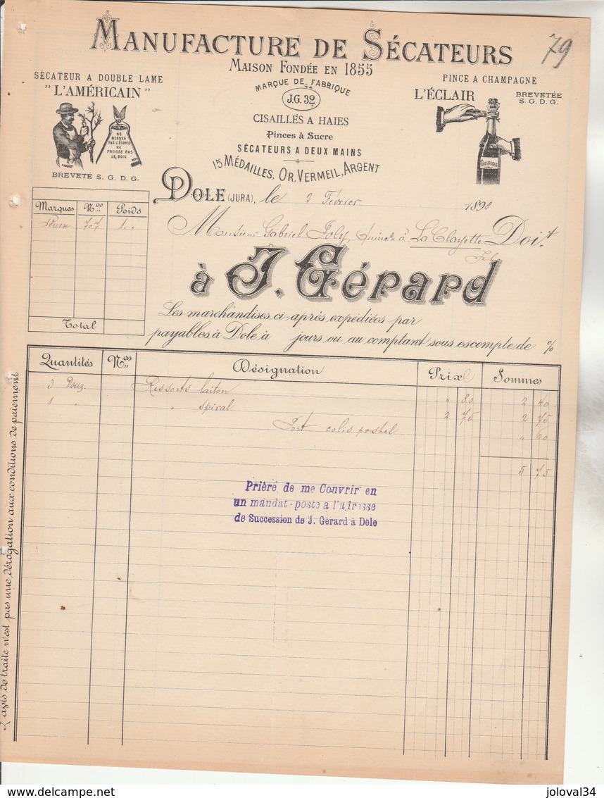 Facture Illustrée 2/2/1898 J GERARD Manufacture De Sécateurs  Cisailles DOLE Jura  Pour Joly La Clayette - 1800 – 1899