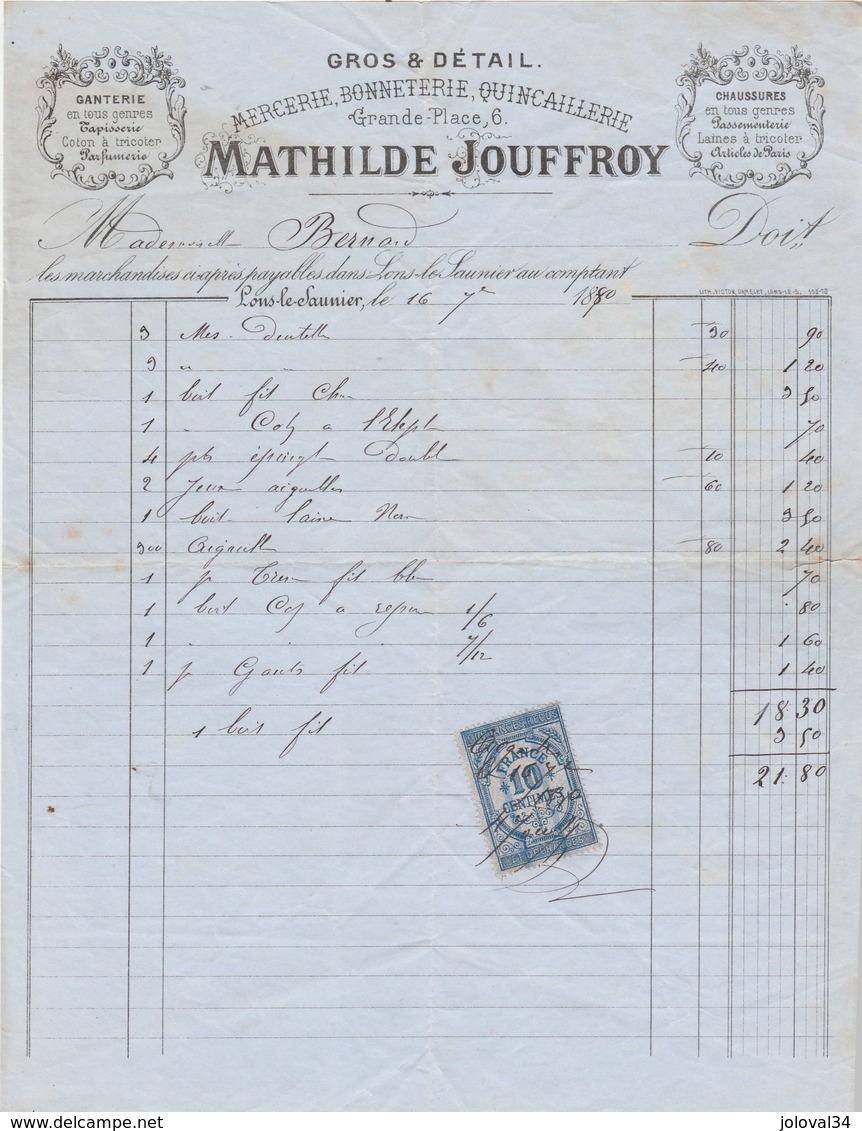 Facture Illustrée 16/7/1880 Mathilde JOUFFROY Mercerie Quincaillerie Ganterie Chaussures LONS LE SAUNIER Jura - 1800 – 1899