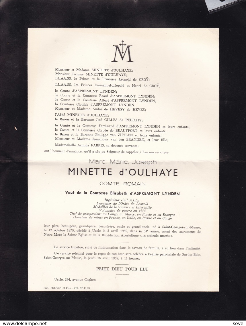 SAINT-GEORGES-SUR-MEUSE UCCLE Marc MINETTE D'OULHAYE Comte Romain Veuf D'ASPREMONT LYNDEN 84 Ans 1959 - Décès