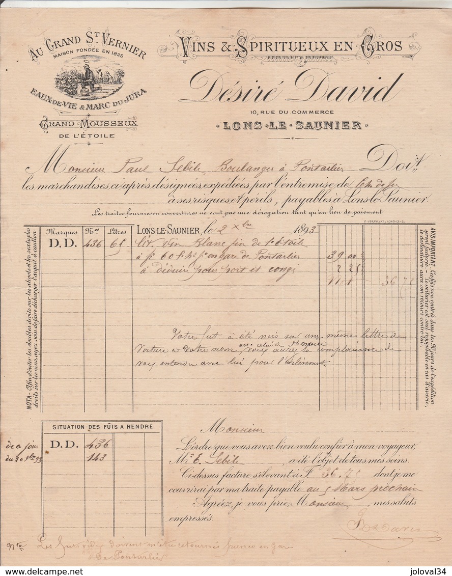 Facture Illustrée 2/12/1893 DESIRE DAVID Au Grand St Vernier Vins Eaux De Vie Marc Mousseux LONS LE SAUNIER Jura - 1800 – 1899