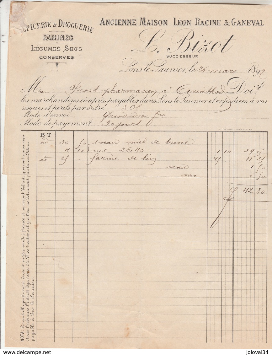 Facture 26/3/1897 L BIZOT Ex Racine & Ganeval épicerie Droguerie Conserves LONS LE SAUNIER Jura Verso 1/2 Facture Collée - 1800 – 1899