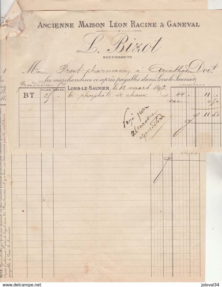 Facture 26/3/1897 L BIZOT Ex Racine & Ganeval épicerie Droguerie Conserves LONS LE SAUNIER Jura Verso 1/2 Facture Collée - 1800 – 1899