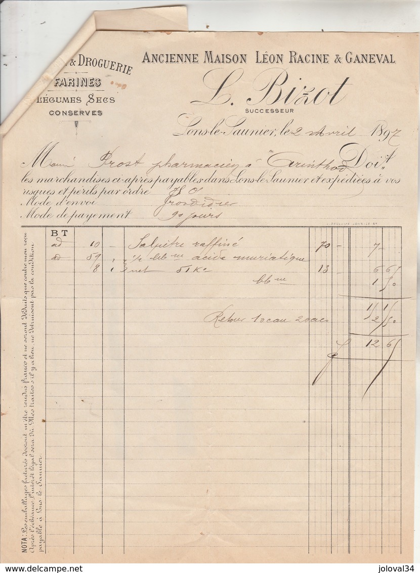 Facture 2/4/1897 BIZOT Ex Racine & Ganeval épicerie Droguerie Conserves LONS LE SAUNIER Jura Recto Lettre Change Collée - 1800 – 1899