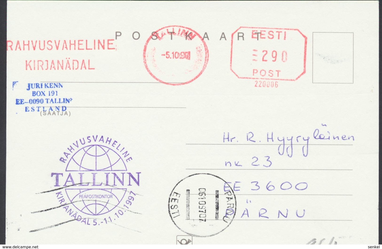 57-964 Estonia Tallinn Letter Week Postcard 05.10.1997 From Post Arrival Postmark - Estonie