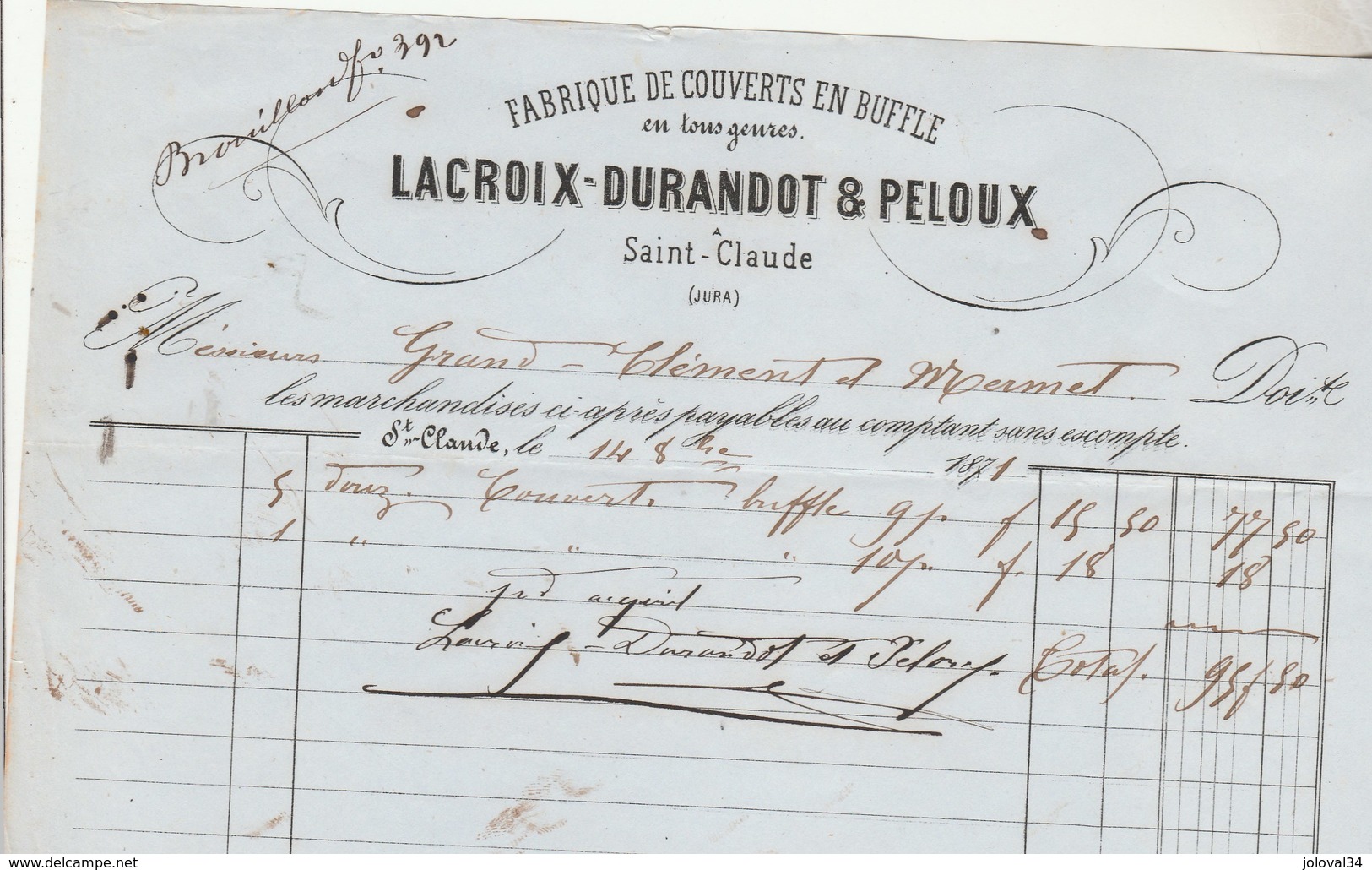 Facture 14/10/1871 LACROIX DURANDOT & PELOUX Fabrique De Couverts En Buffle SAINT CLAUDE Jura - 1800 – 1899