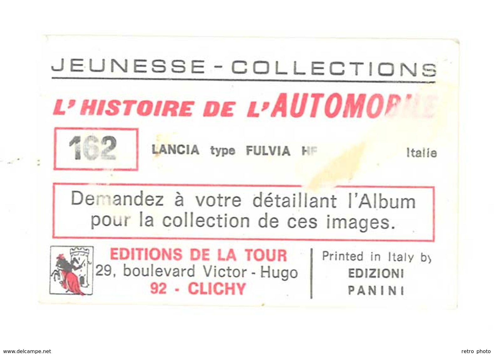 Petite Carte Chromo Automobile Lancia Fulvia ( Jeunesse Collections ) - Other & Unclassified