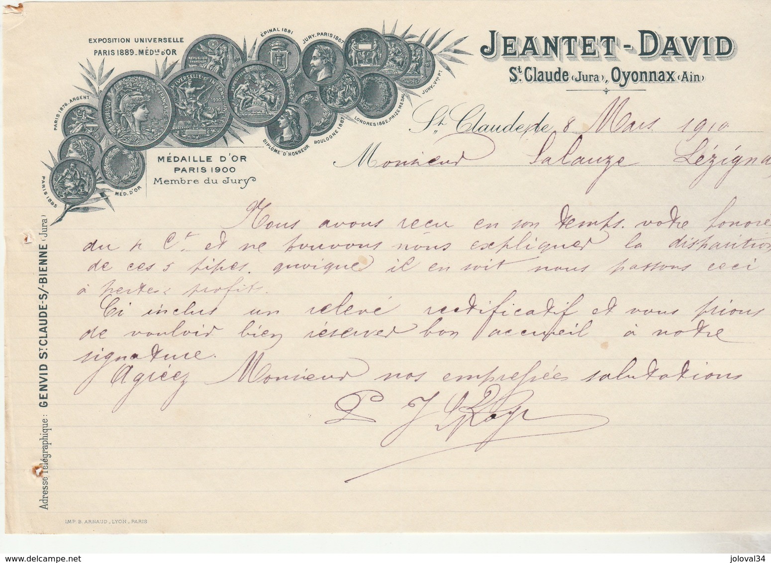 Facture Lettre 8/3/1910 JEANTET DAVID Pipes SAINT CLAUDE Jura Et Oyonnax Ain - 1900 – 1949