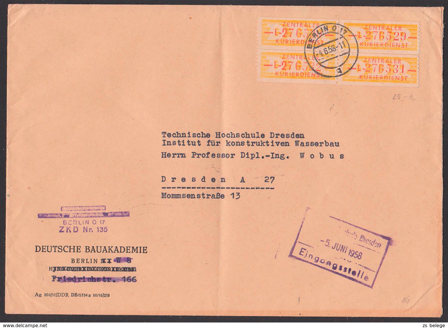 DDR ZKD 16L(4) BERLIN O17, ZKD-Nr. 135, 4.6.58, Doppelbrief A5, Deutsche Bauakademie - Sonstige & Ohne Zuordnung