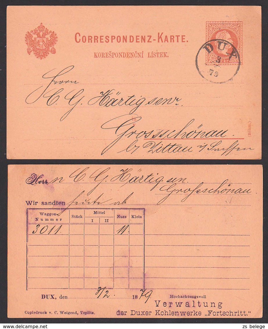 DUX  Duchcov Correspondens-Karte  (Böhm) 1879 Nach Grossschönau, Duxer Kohlenwerke "Fortschritt" - ...-1918 Préphilatélie