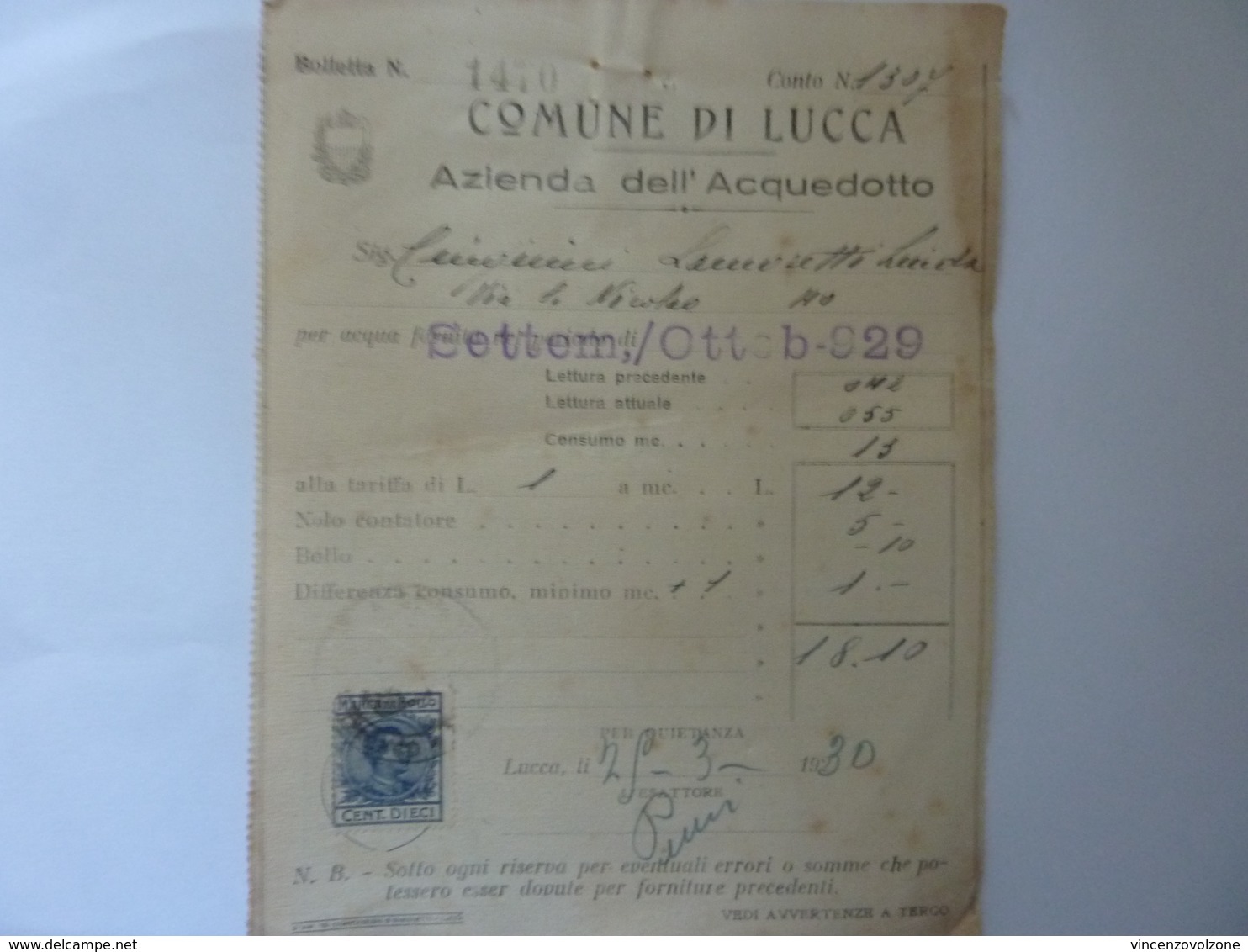 Lotto 4  Bollette "COMUNE DI LUCCA  Azienda Dell'Acquedotto FORNITURA ACQUA ANNO 1929" - Italia