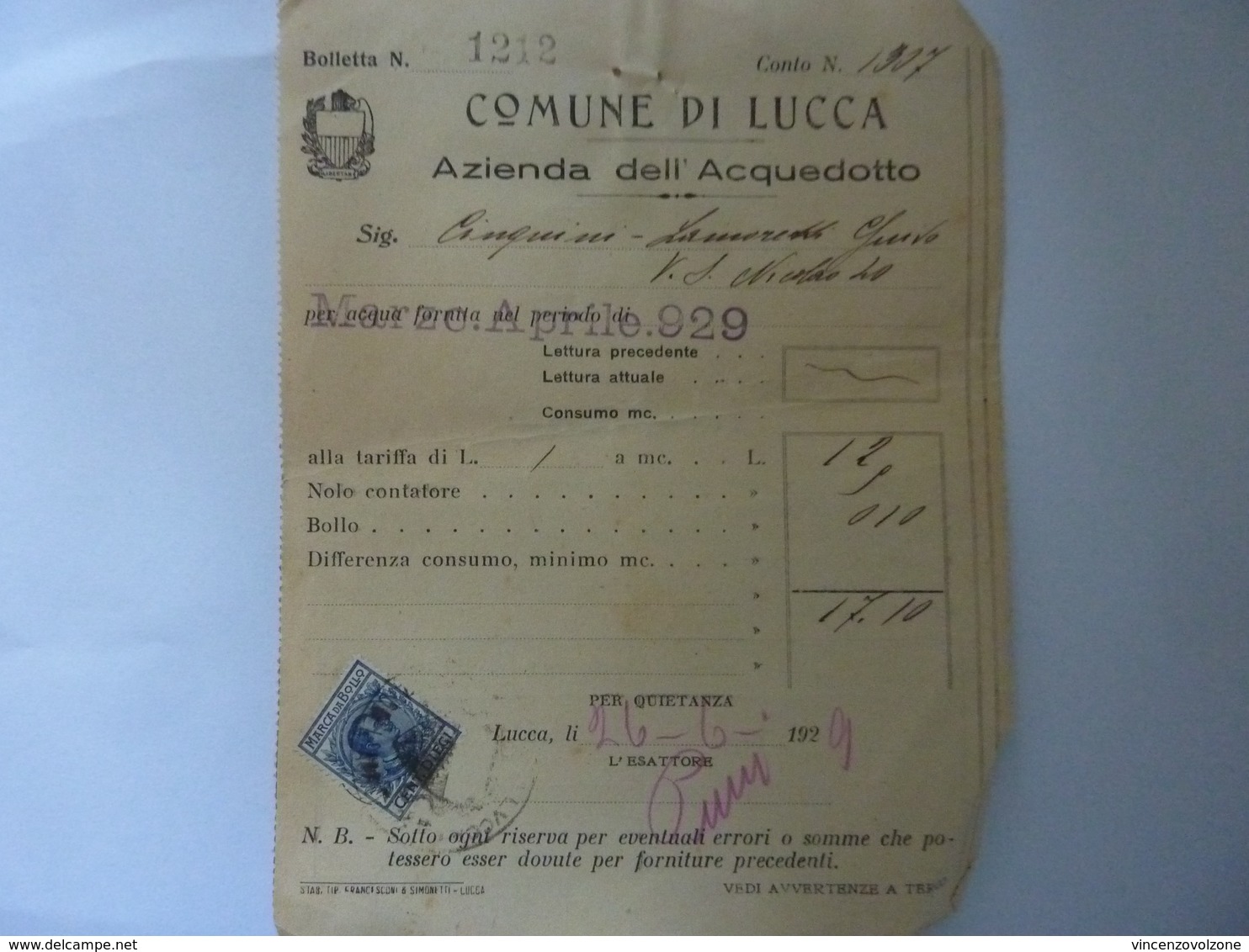 Lotto 4  Bollette "COMUNE DI LUCCA  Azienda Dell'Acquedotto FORNITURA ACQUA ANNO 1929" - Italia