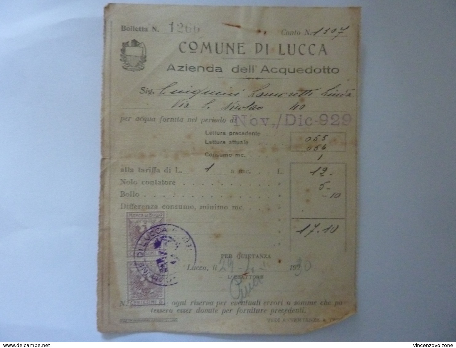 Lotto 4  Bollette "COMUNE DI LUCCA  Azienda Dell'Acquedotto FORNITURA ACQUA ANNO 1929" - Italia