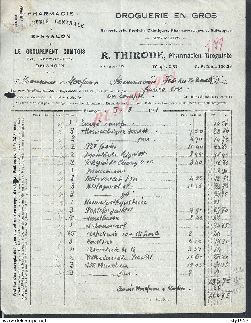 FACTURE DE 1931 R THIRODE PHARMACIEN DROGUISTE PHARMACIE À BESANÇON : - 1900 – 1949