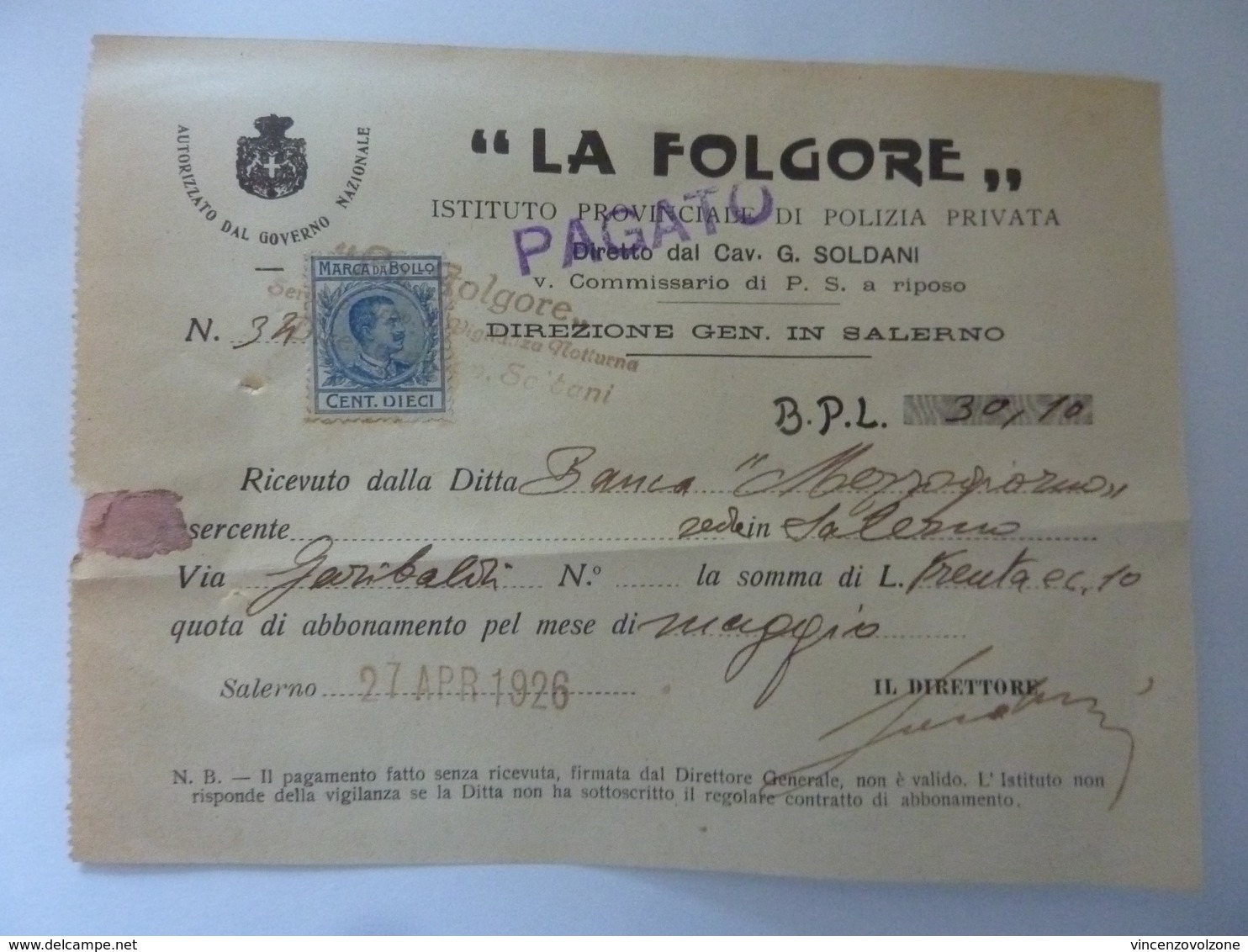 Ricevuta "LA FOLGORE Istituto Provinciale Di Polizia Privata SALERNO" 1926 - Italia