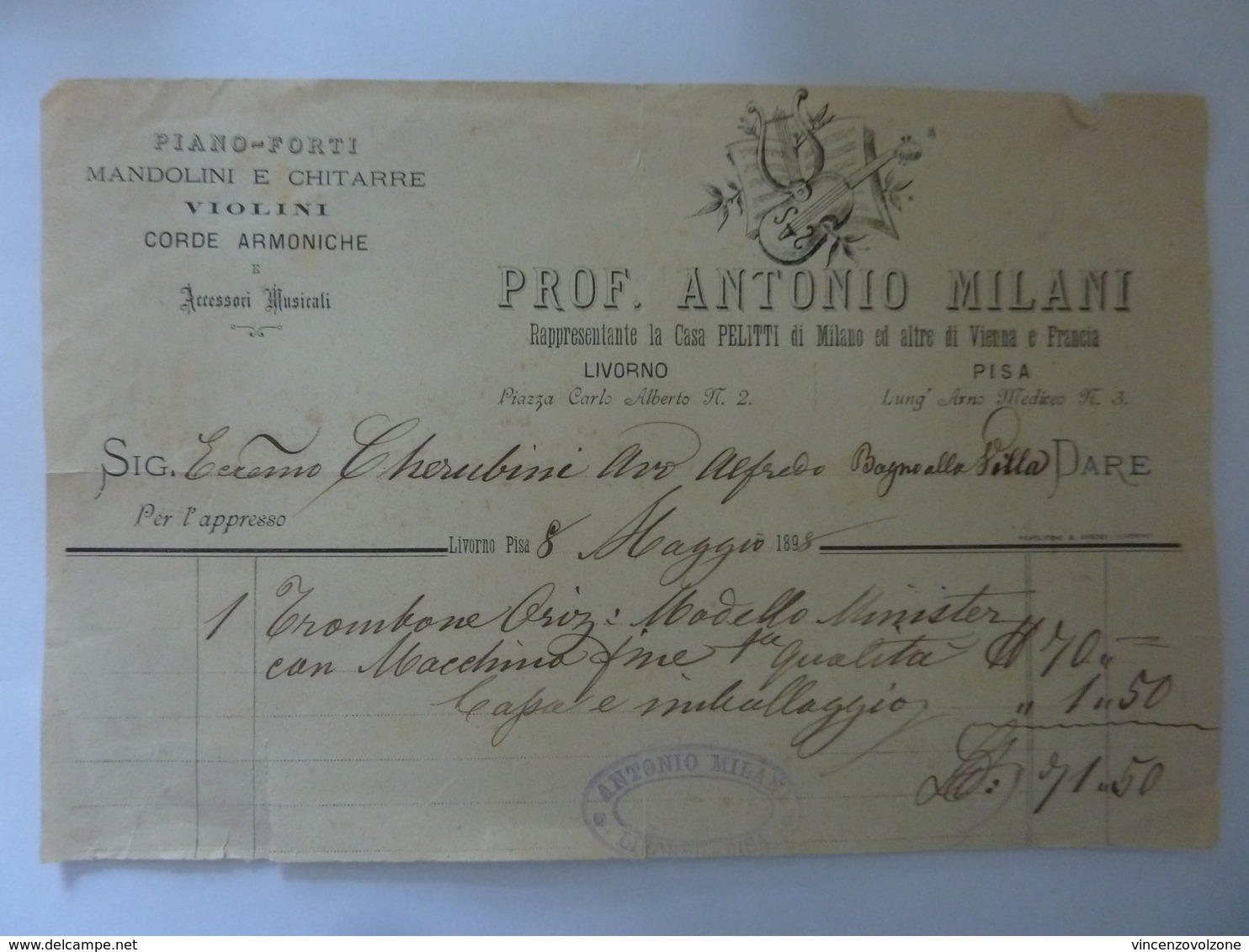 Ricevuta "PROF. ANTONIO MILANI LIVORNO - PISA PIANOFORTI. MANDOLINI, CHITARRE,ETC." 1898 - Italia