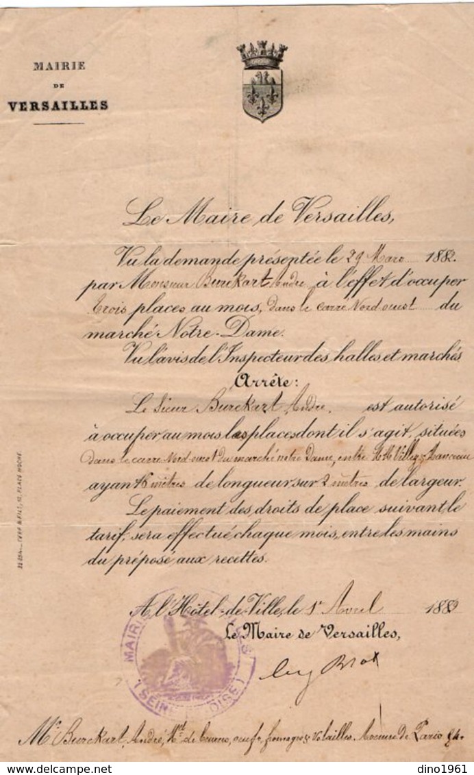 VP14.221 - 1889 - Lettre De Mr Le Maire De VERSAILLES Pour Mr BURCKART Marchand De Fromages.....à PARIS - Collections