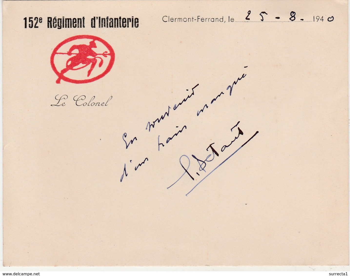 Carte 1940 / 152ème RI / Diables Rouges / Clermont-Ferrand / Colonel Detant - 1939-45