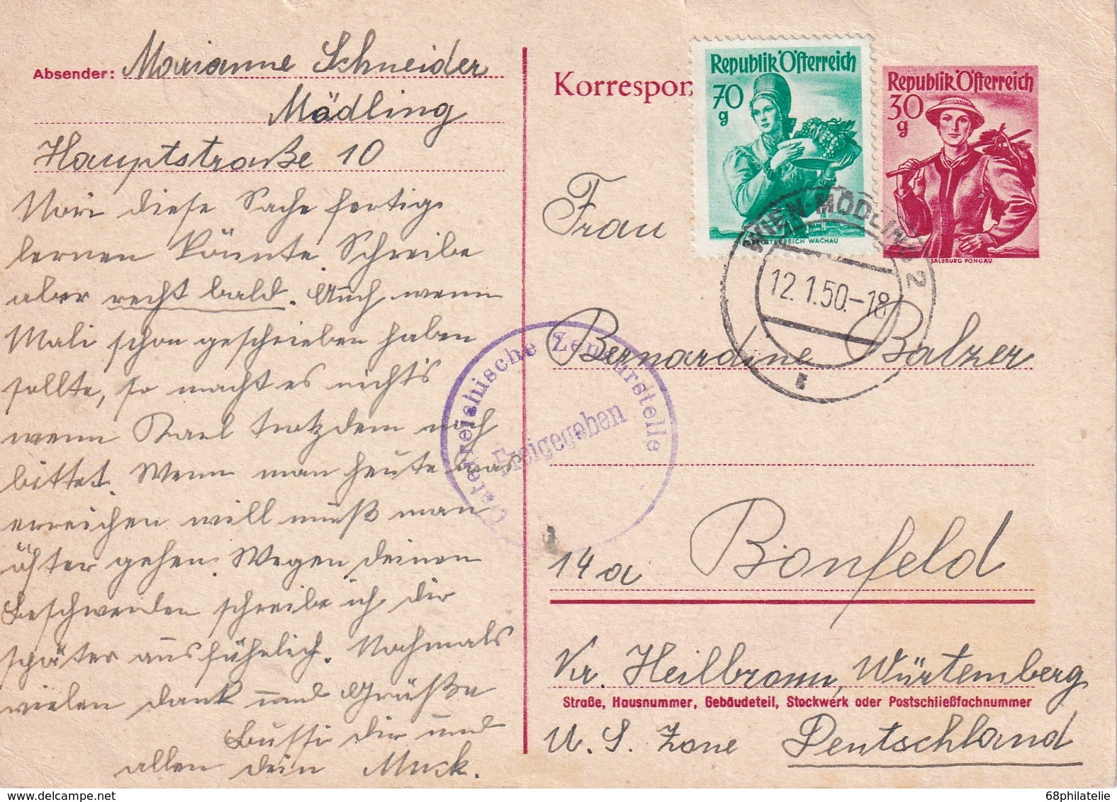 AUTRICHE 1950     ENTIER POSTAL/GANZSACHE/POSTAL STATIONERY CARTE CENSUREE DE WIEN-MÖDLING - Other & Unclassified