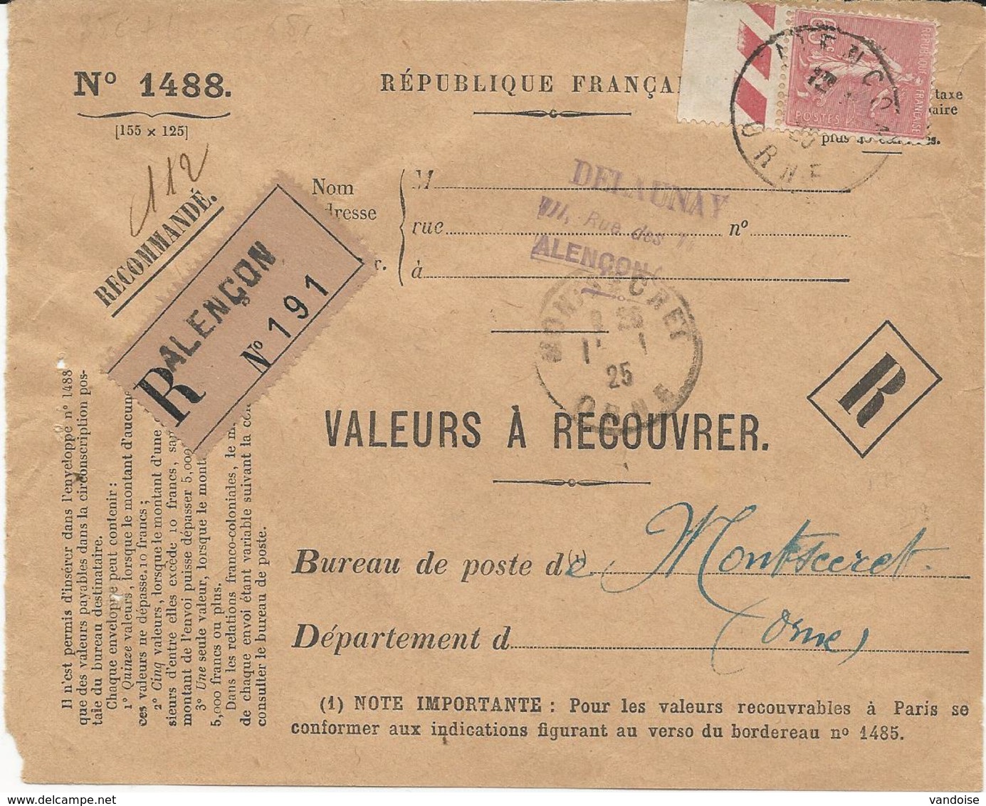 LETTRE RECOMMANDEE - VALEURS A RECOUVRER -  1925 AVEC TIMBRE A 65 CT TYPE SEMEUSE - 1921-1960: Modern Period