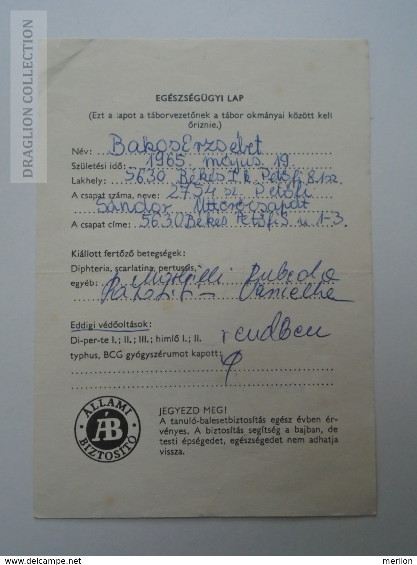 ZA155.28  Health Care Document  Úttörő Pioneer  Camp  - Hungary 1977 Red Cross -Croix Rouge - Croce Rossa - Unclassified