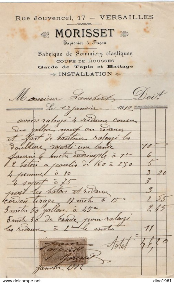 VP14.225 - Facture - Fabrique De Sommiers élastiques ....MORISSET Tapissier  à VERSAILLES - 1900 – 1949