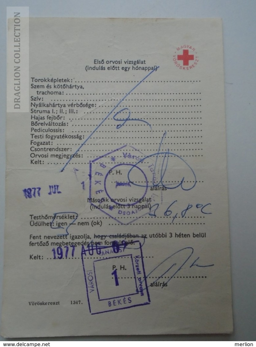 ZA155.29  Health Care Document  Úttörő Pioneer  Camp  - Hungary 1977 Red Cross -Croix Rouge - Croce Rossa - Unclassified