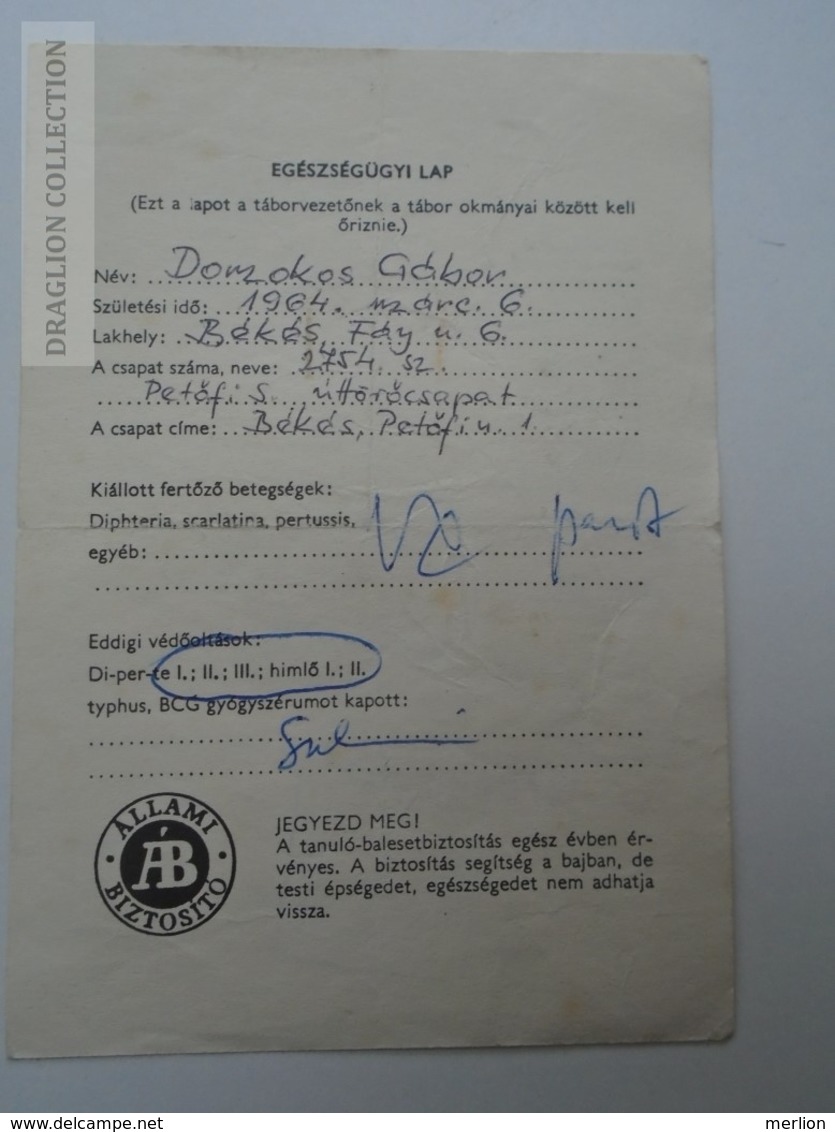 ZA155.29  Health Care Document  Úttörő Pioneer  Camp  - Hungary 1977 Red Cross -Croix Rouge - Croce Rossa - Unclassified