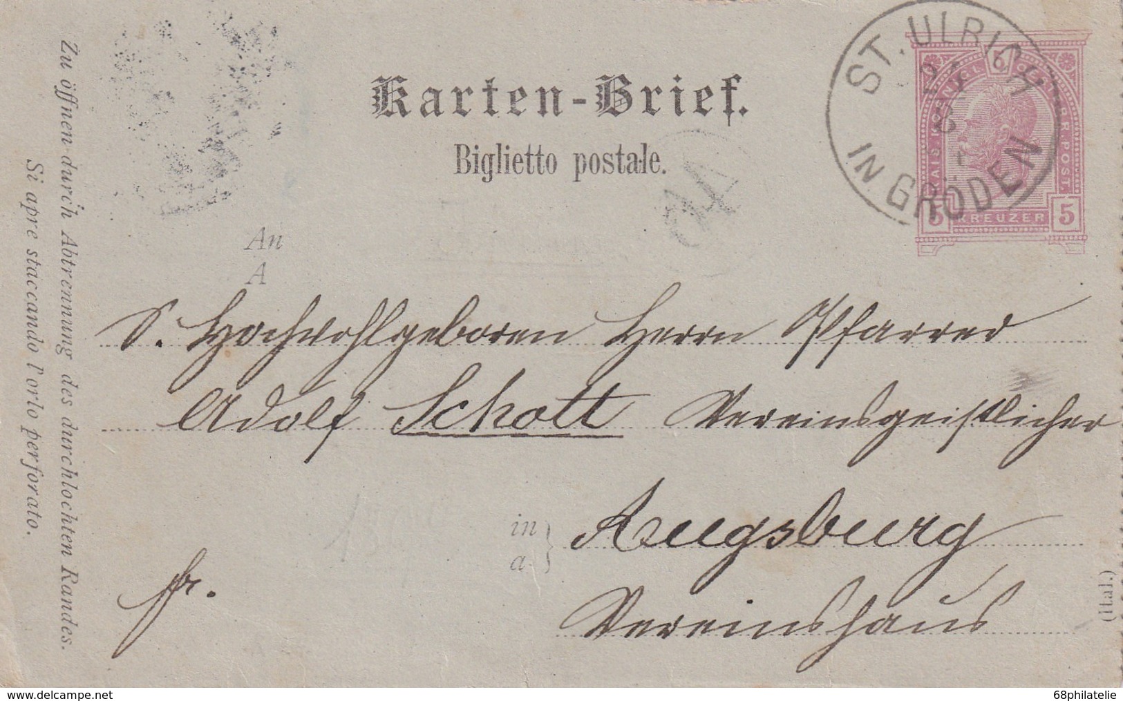 AUTRICHE 1894    ENTIER POSTAL/GANZSACHE/POSTAL STATIONERY CARTE -LETTRE DE ST.ULRICH - Otros & Sin Clasificación