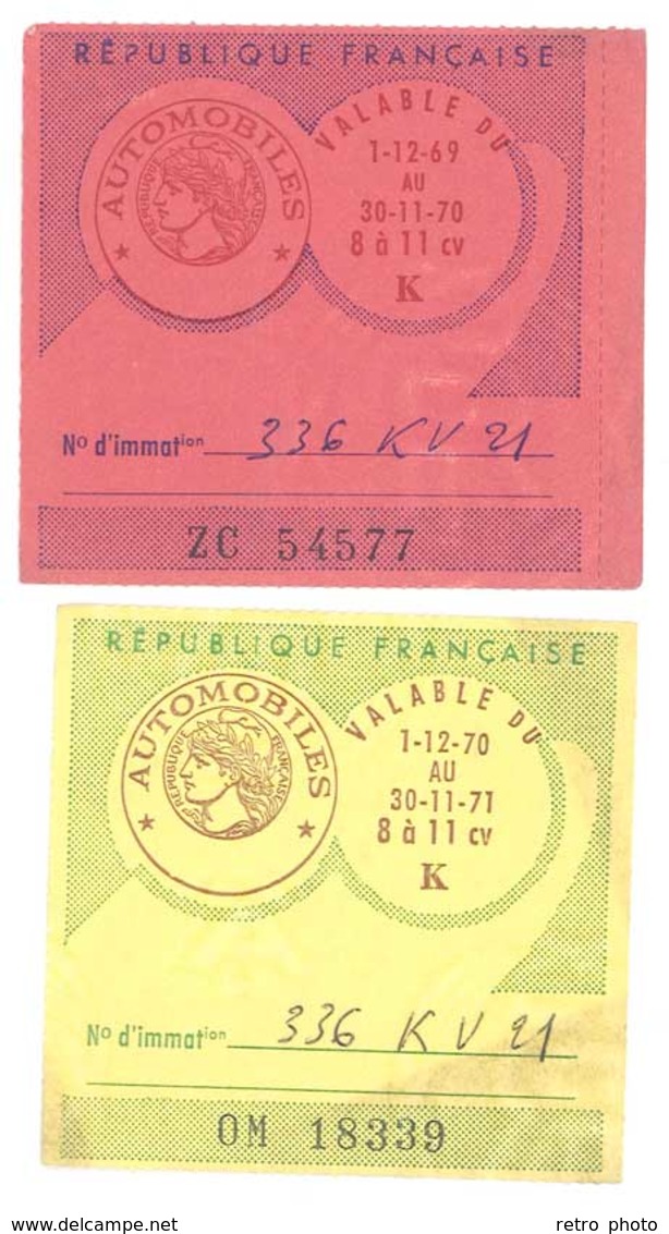 2 Tickets De Vignettes Automobiles, Années 1969 1970 1971, Dépt 21, Chenove - Voitures