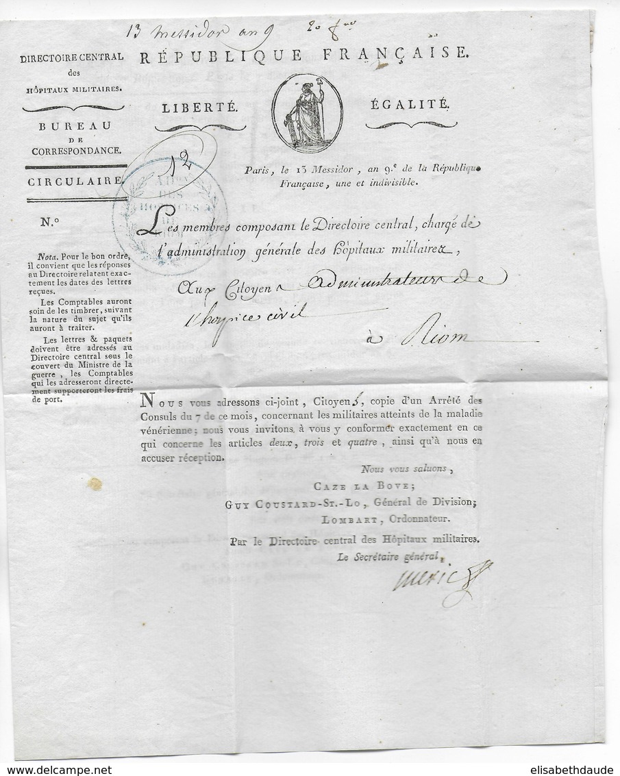 AN 9 (1800) - LETTRE FRANCHISE De L'ADMINISTRATION Des HOPITAUX MILITAIRES Avec MARQUE Du MINISTRE De La GUERRE => RIOM - Army Postmarks (before 1900)