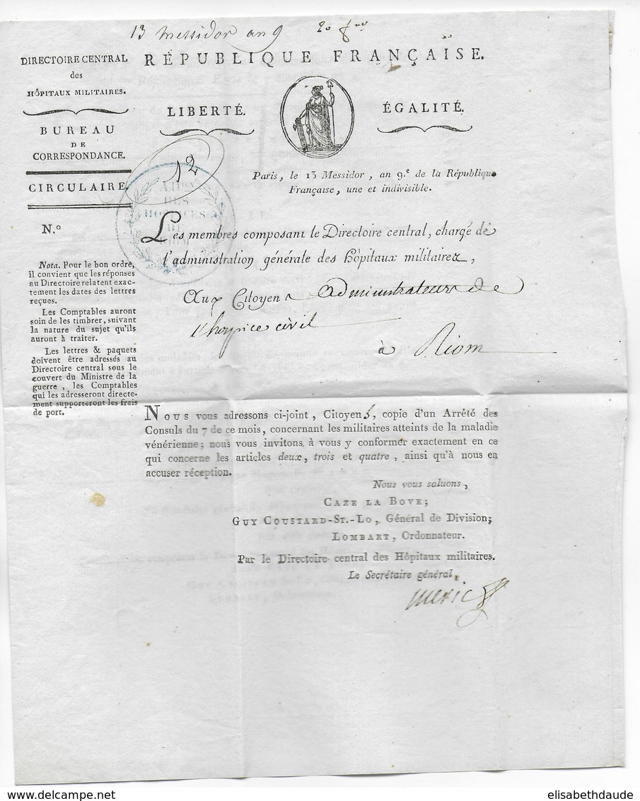 AN 9 (1800) - LETTRE FRANCHISE De L'ADMINISTRATION Des HOPITAUX MILITAIRES Avec MARQUE Du MINISTRE De La GUERRE => RIOM - Armeestempel (vor 1900)