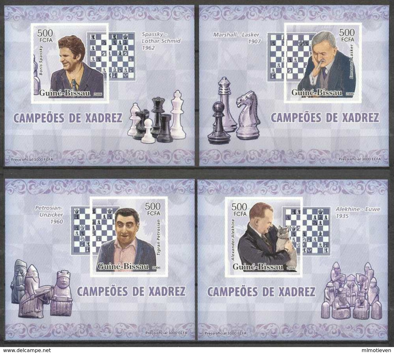 MCH-BK1-006 LUX MINT PF/MNH ¤ GUINEE BISSAU 2006 4xBLOCK IMPERFORATED (RARE) ¤ STAMP ON STAMP SCHAKEN - CHESS - XADRES - Schaken