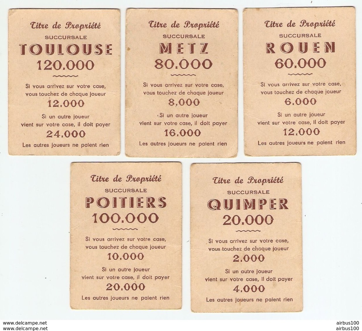 LOT DE 5 CARTES TITRE DE PROPRIÉTÉ - JEU DE SOCIÉTÉ - TOULOUSE - METZ - ROUEN - POITIERS - QUIMPER - Autres & Non Classés