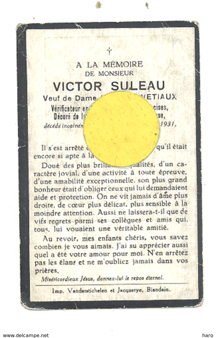 Faire-part De Décès De Mr. Victor SULEAU, Vérificateur En Chef Aux Douanes, Veuf De A; Harnetiaux - BLANDAIN 1931 (b244) - Décès