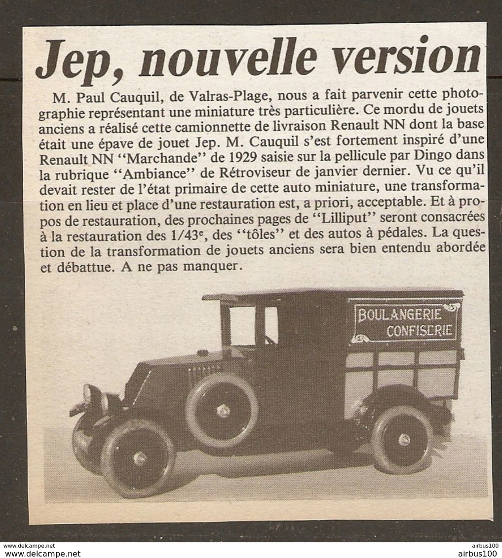 Coupure De Presse - TOY JOUET ANCIEN - MINIATURE JEP CAMIONNETTE LIVRAISON RENAULT NN - BOULANGERIE CONFISERIE - Jouets Anciens