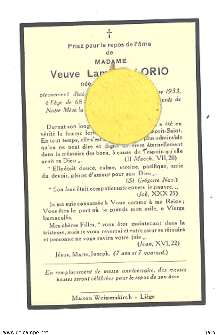 Faire-part De Décès De Mde Adèle BLAISE Vve De L. Lorio - LIEGE 1933 (b244) - Obituary Notices