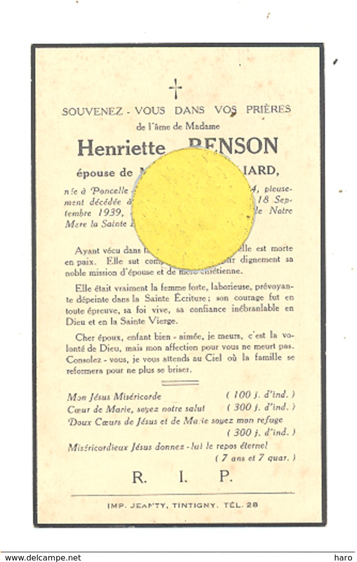 Faire=part De Décès De Mde Henriette RENSON ép. De E. Gilliard -PONCELLE - TINTIGNY 1884 / RAWET St VINCENT 1939 (b244) - Overlijden