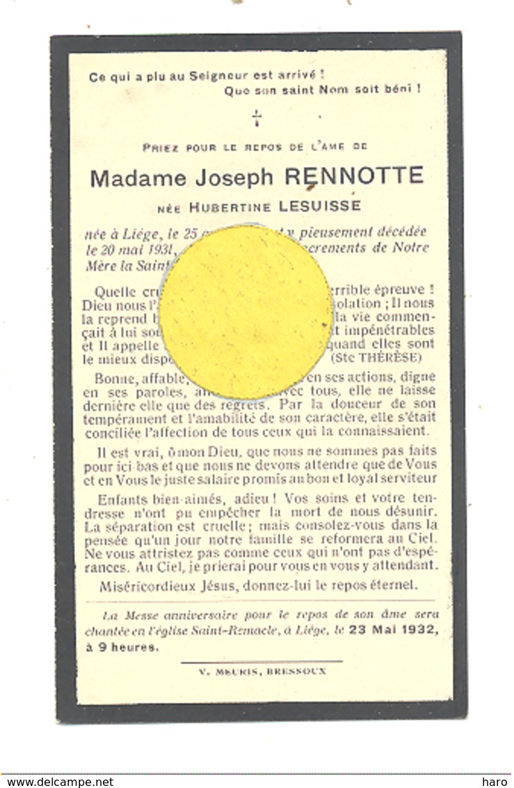 Faire=part De Décès De Mde Hubertine LESUISSE ép De J. Rennotte - LIEGE 1853 /1931 (b244) - Overlijden