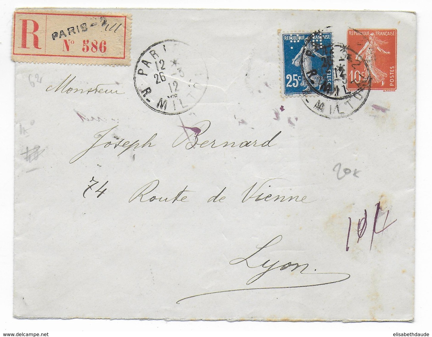 1912 - SEMEUSE PERFORE (PERFIN) Sur ENVELOPPE ENTIER POSTAL RECOMMANDEE De PARIS => LYON - 1877-1920: Période Semi Moderne