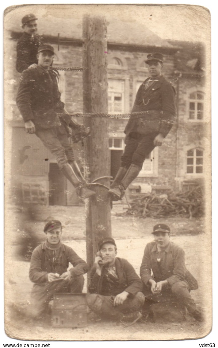 BERTRIX Equipe Ouvriers Brigade Télégraphiste Téléphone Sur Poteau - Photographe A. Lesontants - Carte Photo - Bertrix