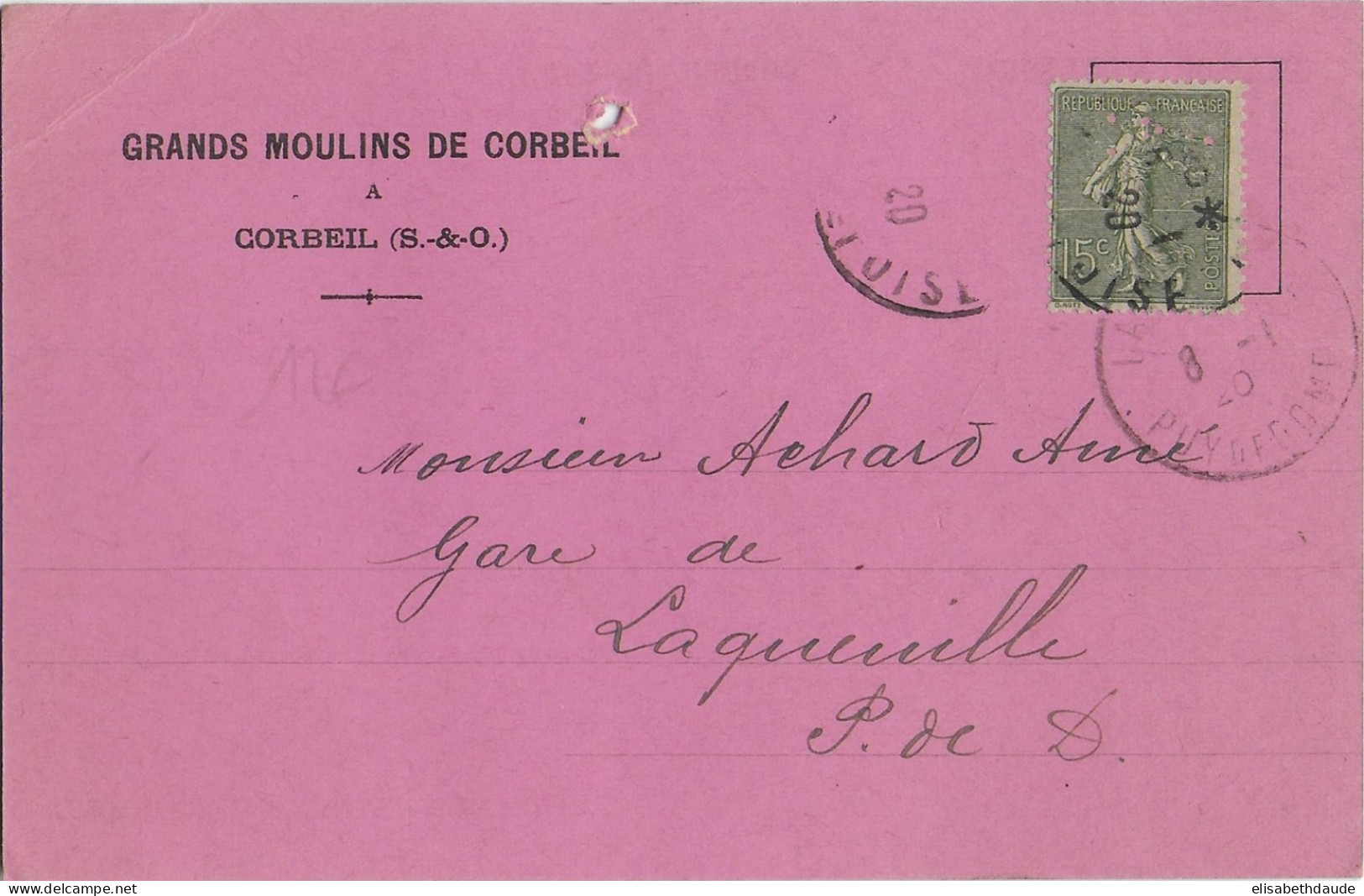 1920 - SEMEUSE PERFORE (PERFIN) GRANDS MOULINS De CORBEIL Sur CARTE => LAQUEUILLE - Lettres & Documents