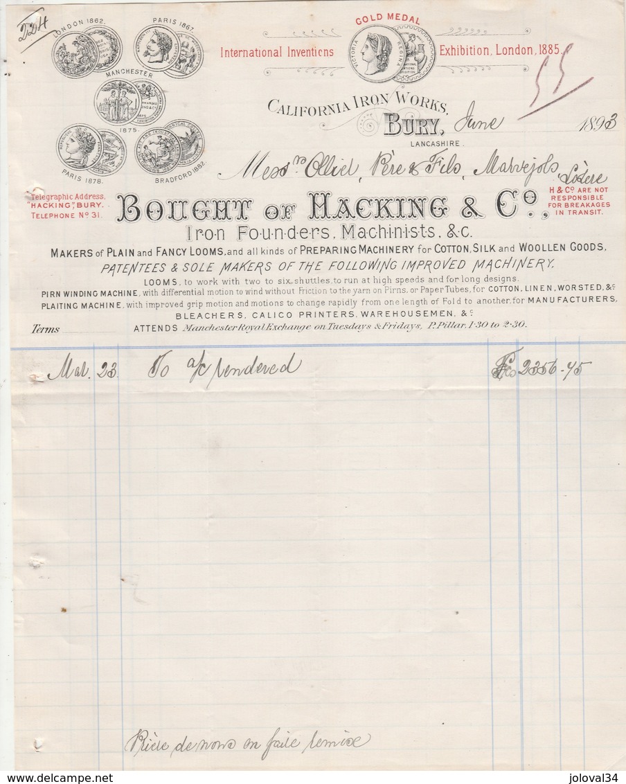 Royaume Uni Facture Illustrée 1893 BOUGHT Of HACKING Iron Founders BURY à Ollier Marvejols Lozère France - United Kingdom