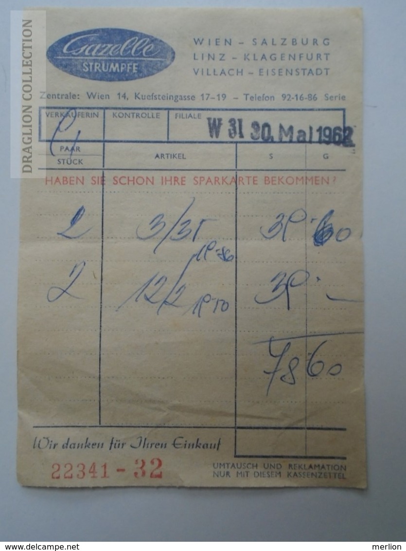 ZA157.2 Invoice - Gazelle Strumpfe - Wien Salzburg Linz Klagenfurt Villach  Eisenstadt 1960's - Autriche