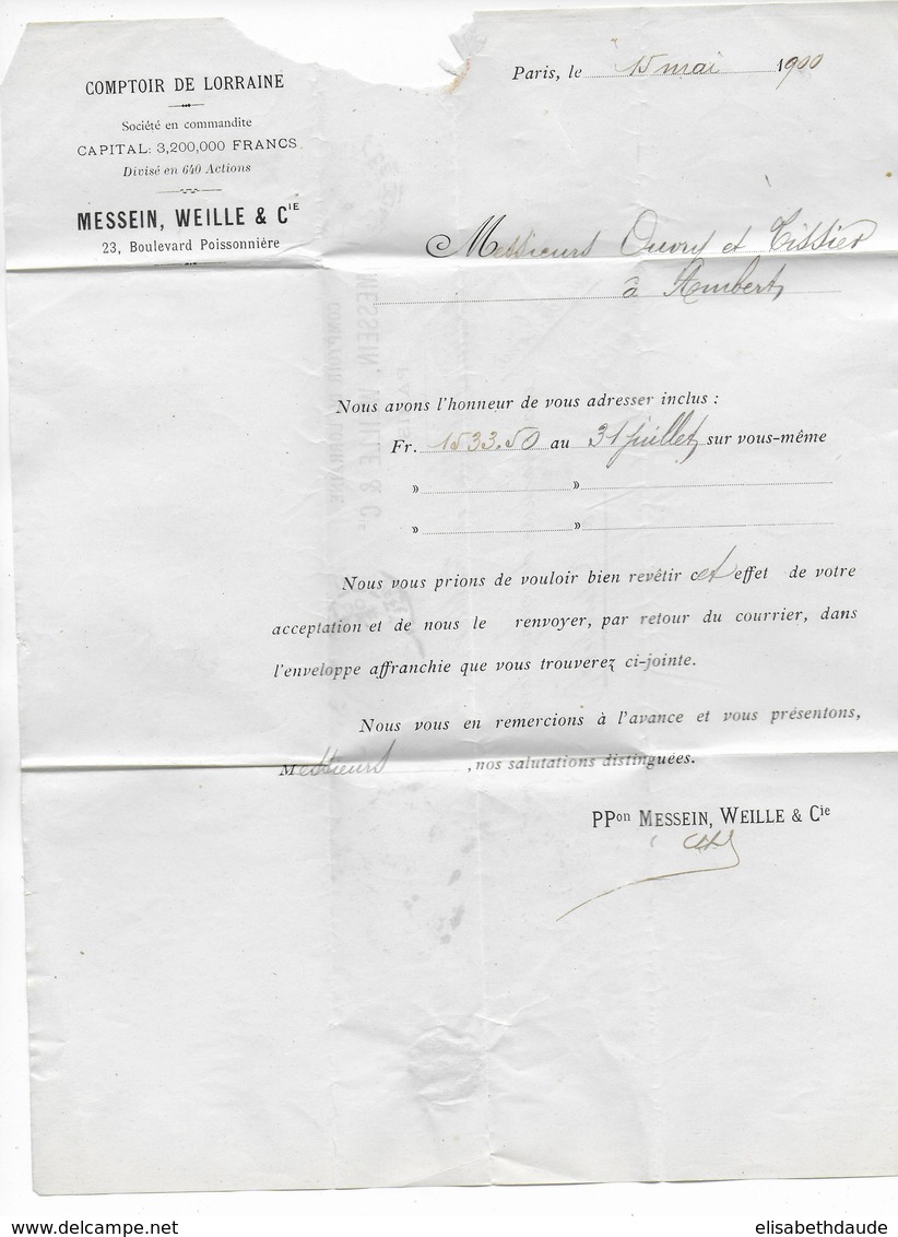 1900 - SAGE PERFORE (PERFIN) COMPTOIR De LORRAINE Sur LETTRE De PARIS => COSNE - Other & Unclassified