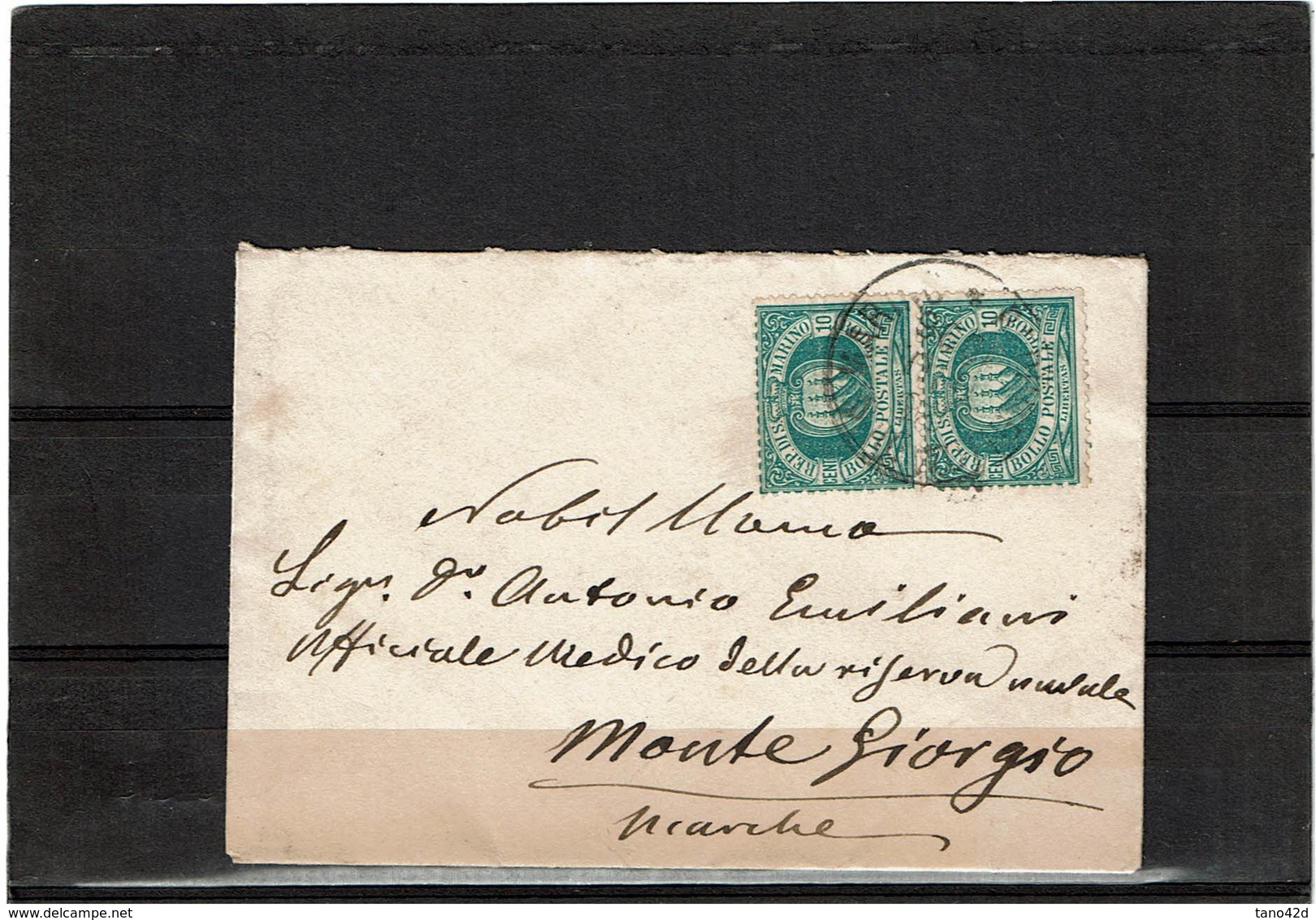 CTN55 - SAN MARINO PAIRE VERT. 10c 2ème EMISSION SUR ENVELOPPE FORMAT CARTE DE VISITE  28/6(?)/1896 - Lettres & Documents