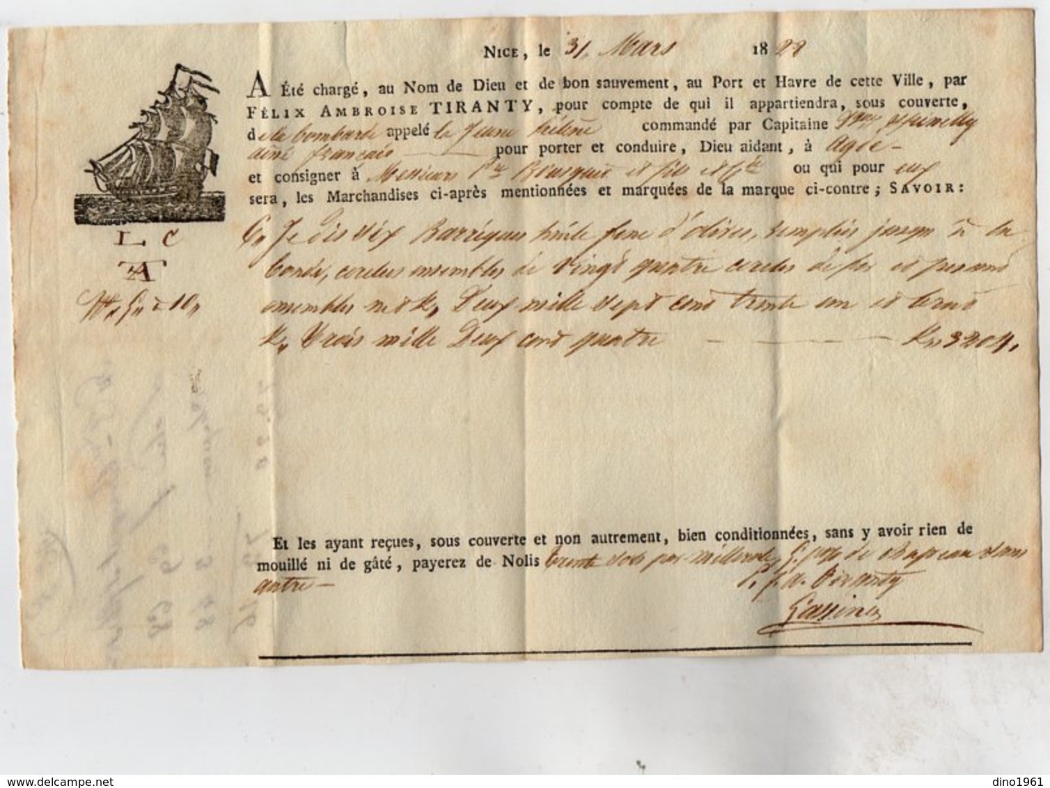 VP14.238 - NICE 1828 - Transport Maritime - Connaissement Par Le Navire Le Bombard Appellé Jeune Hélène Pour AGDE - Transports