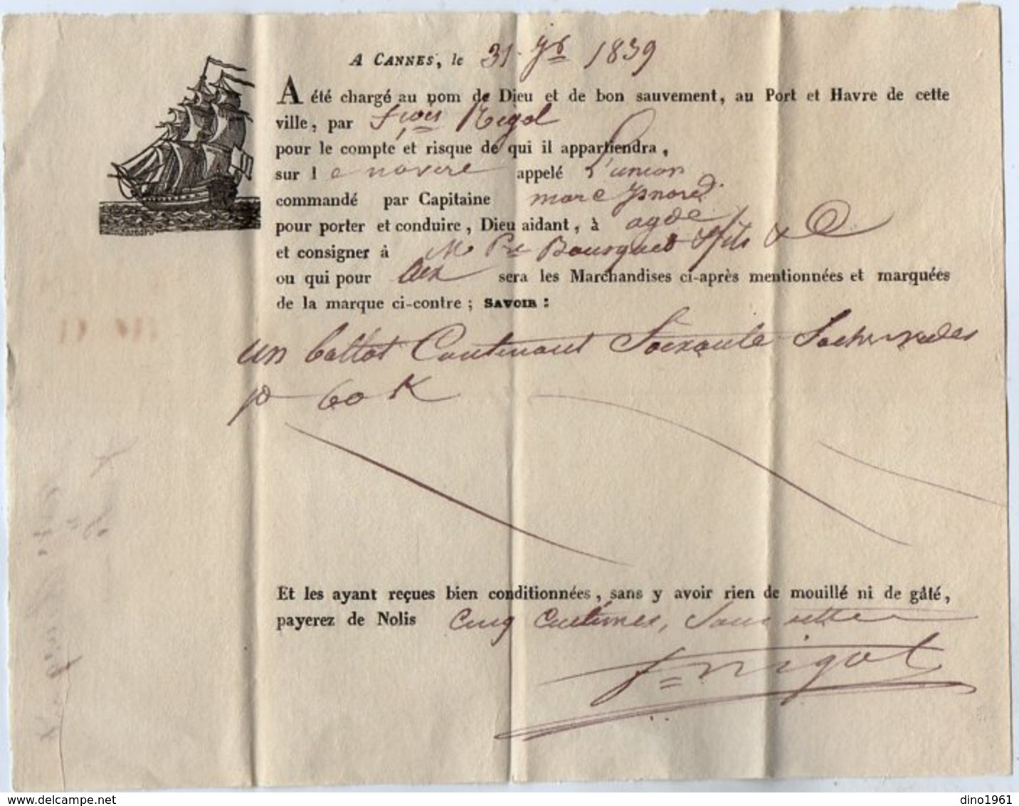 VP14.239 - CANNES 1839 - Transport Maritime - Connaissement Par Le Navire Le Novere Appellé L'Union Pour AGDE - Transports